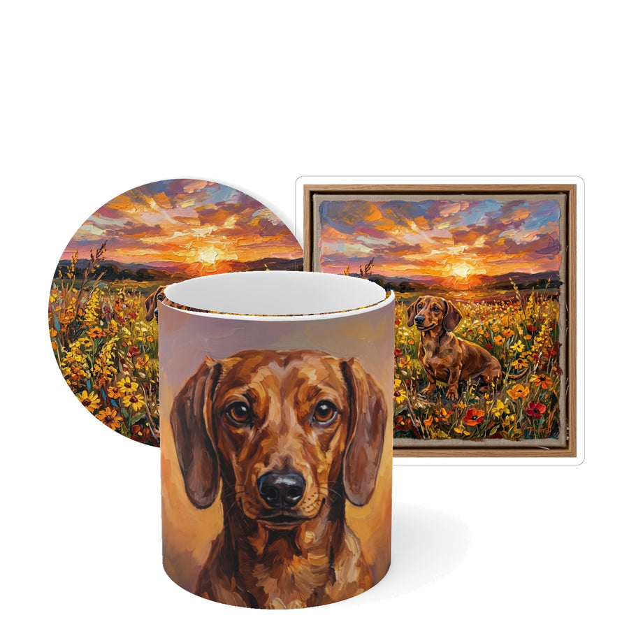 Dachshund Sunset Prairie Gift Set — mug, coaster and sticker gift set with matching dog art