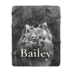 Personalized Pomeranian sherpa fleece blanket, charcoal-style portrait with the dog's name across the lower part