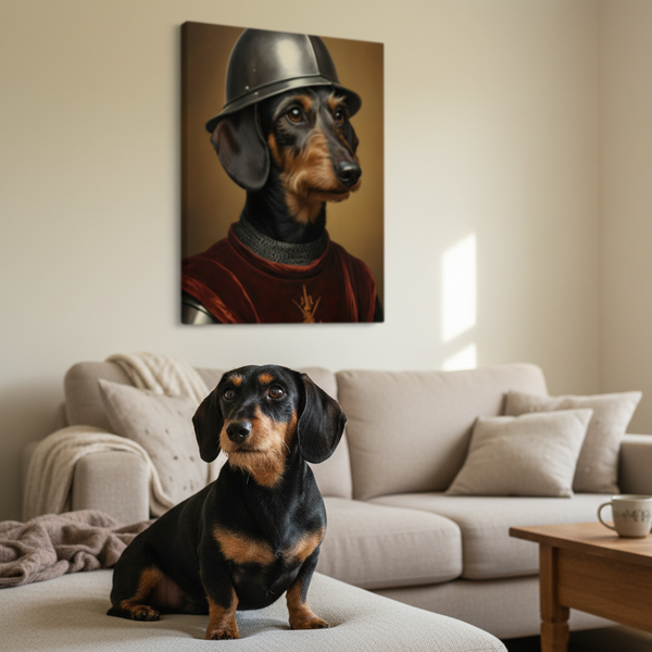 Dachshund Medieval Knight Portrait Canvas Wall Art, Regal Dog Painting, Dachshund Lover Gift, Stretched Canvas — Lifestyle View