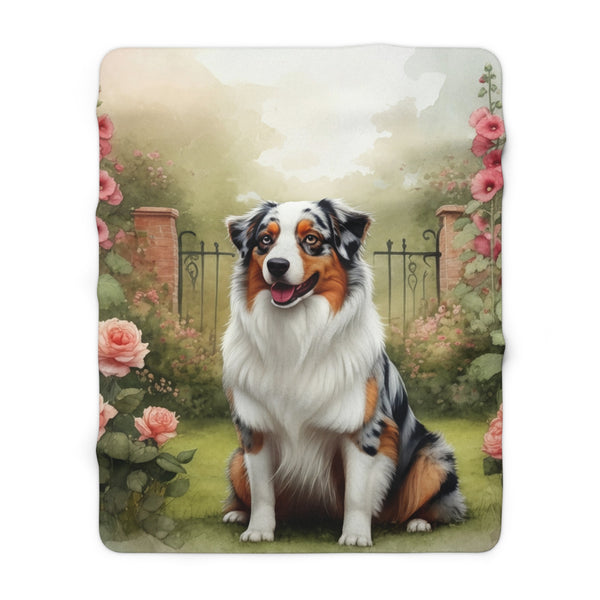 Australian Shepherd Watercolor Cottage Garden Throw Blanket | Premium Dog Prints | Tritan