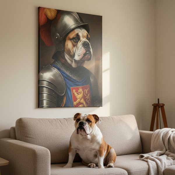 English Bulldog Medieval Knight Portrait Canvas Wall Art, Regal Dog Painting, English Bulldog Lover Gift, Stretched Canvas — Lifestyle View