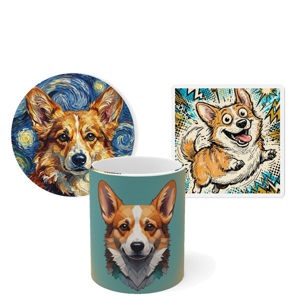 Corgi Desk Set — 3 Art Styles | Mug + Coaster + Magnet