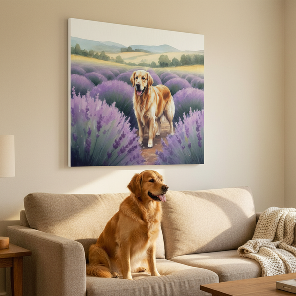 Golden Retriever Watercolor Canvas Wall Art, Dog Lover Gift, Pet Art Print, Dog Mom Decor, Ready to Hang Stretched Canvas — Lifestyle View