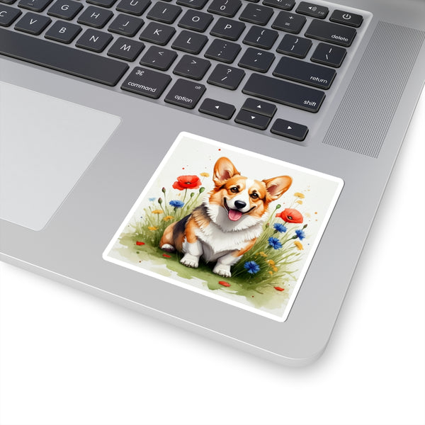 Corgi Watercolor Wildflower Field Kiss-Cut Stickers | Premium Dog Prints | Tritan — Lifestyle View
