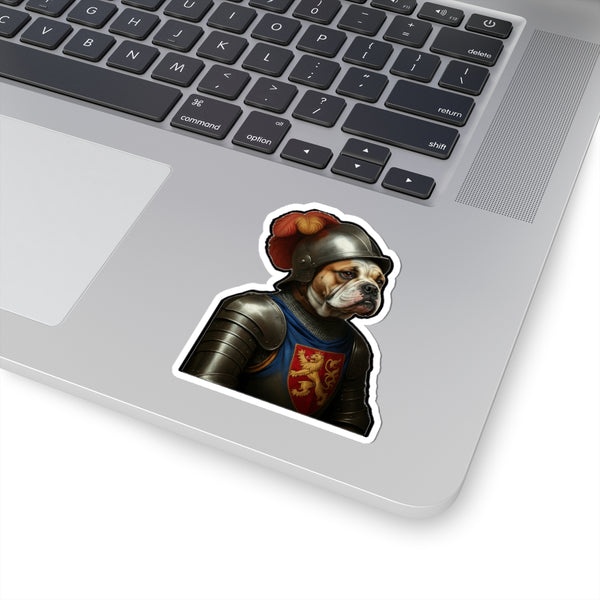English Bulldog Medieval Knight Portrait Sticker, Dog Portrait Vinyl Decal, Kiss-Cut Sticker, English Bulldog Lover Gift — Lifestyle View