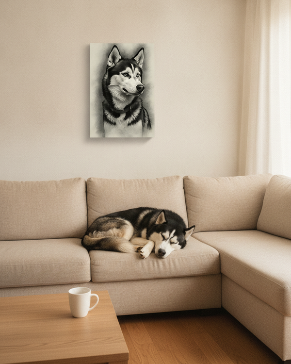 Siberian Husky Charcoal Portrait Canvas Wall Art, Dog Lover Gift, Pet Memorial Art, Nordic Dog Home Decor — Lifestyle View