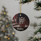 Personalized Yorkshire Terrier Christmas ornament hanging on a Christmas tree, shown with the sample name Bailey