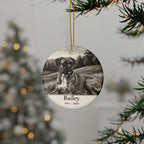 Personalized Boxer memorial ornament hanging on a Christmas tree, shown with the sample name Bailey