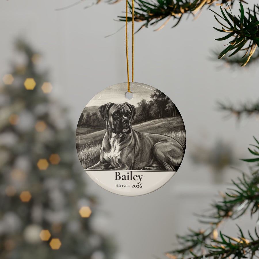 Personalized Boxer memorial ornament hanging on a Christmas tree, shown with the sample name Bailey