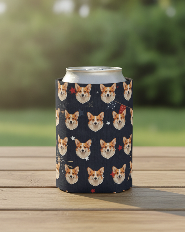 Corgi America 250 Can Cooler, Patriotic Dog Pattern Gift for Corgi Mom Dad, Red White Blue Beverage Insulator, Dog Lover Gift