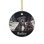 Front of the personalized Staffordshire Bull Terrier Christmas ornament, ceramic, 2.9 inches, with the sample name Bailey