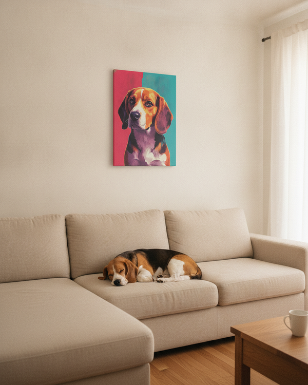 Beagle Pop Art Canvas Print, Vibrant Dog Wall Art, Modern Pet Decor, Fun Beagle Lover Gift — Lifestyle View