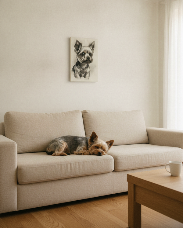 Yorkshire Terrier Charcoal Portrait Canvas Wall Art | Yorkie Dog Lover Gift | Pet Memorial Decor | Stretched Canvas Print — Lifestyle View