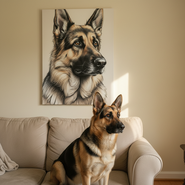 German Shepherd Charcoal Portrait Canvas Wall Art | Dog Lover Gift | Pet Memorial Decor | GSD Art Print — Lifestyle View
