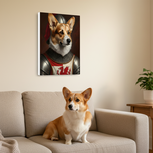 Pembroke Welsh Corgi Medieval Knight Portrait Canvas Wall Art, Regal Dog Painting, Pembroke Welsh Corgi Lover Gift, Stretched Canvas — Lifestyle View