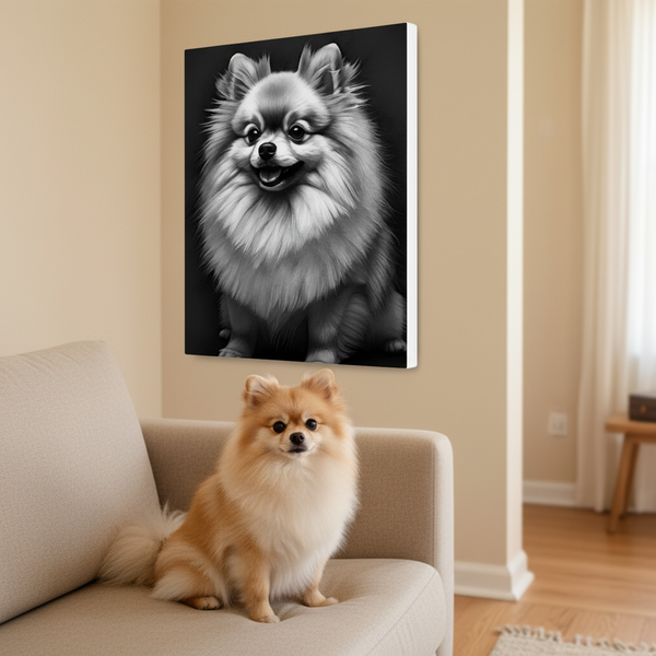 Pomeranian Charcoal Portrait Canvas Print | Dog Wall Art Gift | Pet Lover Decor | Realistic Pom Sketch Artwork — Lifestyle View