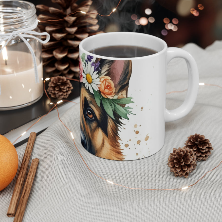 German Shepherd Watercolor Floral Crown Coffee Mug | Premium Dog Prints | Tritan — detail view