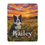 Personalized Border Collie sherpa fleece blanket, acrylic-style portrait with the dog's name across the lower part