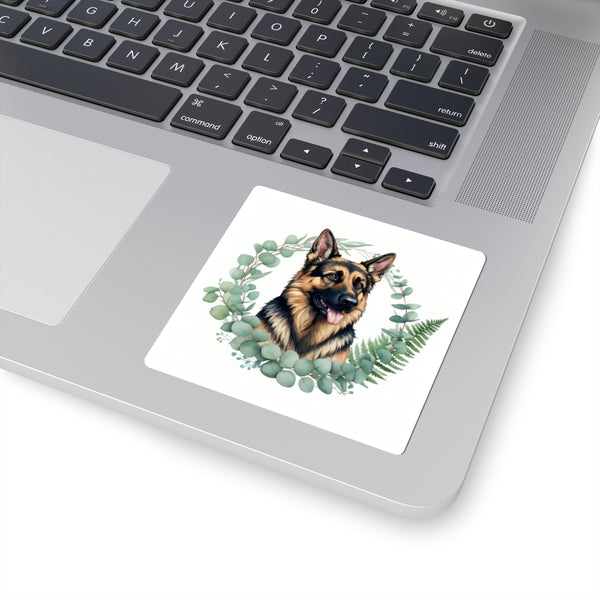 German Shepherd Watercolor Botanical Wreath Kiss-Cut Stickers | Premium Dog Prints | Tritan — Lifestyle View