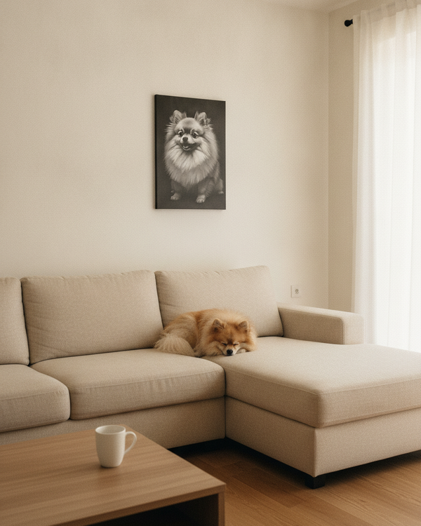 Pomeranian Charcoal Portrait Canvas Print | Dog Wall Art Gift | Pet Lover Decor | Realistic Pom Sketch Artwork — Lifestyle View