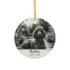 Front of the personalized Poodle memorial ornament, ceramic, 2.9 inches, with the sample name Bailey