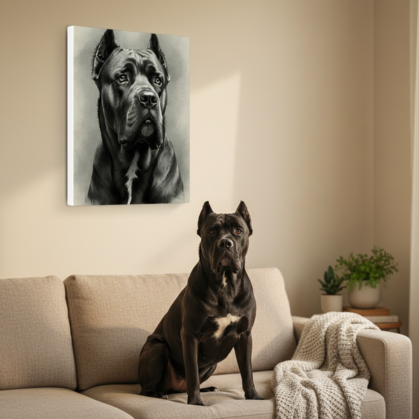 Cane Corso Charcoal Portrait Canvas Wall Art | Dog Lover Gift | Stretched Canvas Print | Modern Pet Decor — Lifestyle View
