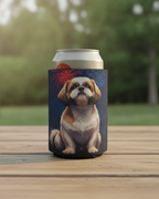 Shih Tzu America 250 Can Cooler, Patriotic Dog Pattern Gift for Dog Lovers, American Flag Pet Art America 250 Party Decor, Premium Drink Sleeve