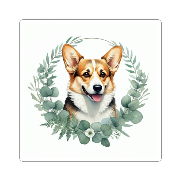 Corgi Watercolor Botanical Wreath Kiss-Cut Stickers | Premium Dog Prints | Tritan