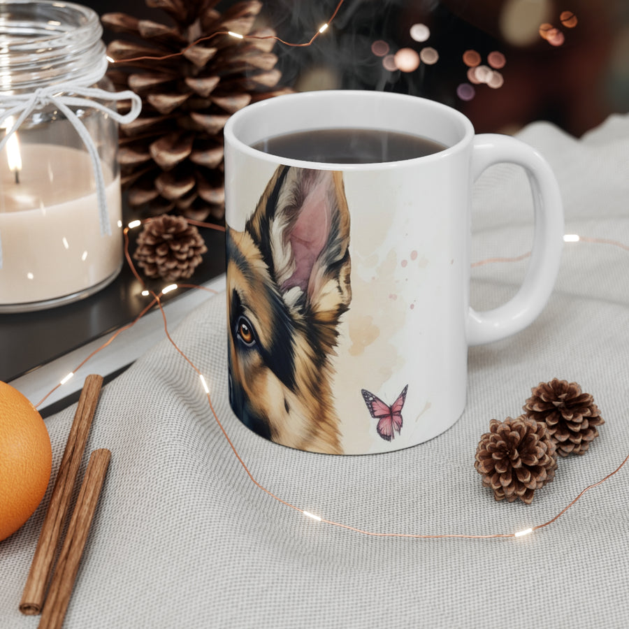 German Shepherd Watercolor Butterfly Bloom Coffee Mug | Premium Dog Prints | Tritan — detail view