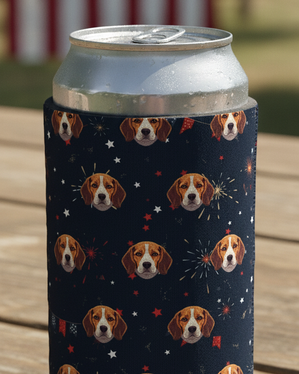 Beagle 4th of July Pattern Can Cooler, Patriotic Dog Art Gift for Beagle Lover, Independence Day Drink Cooler, Summer Party Decor