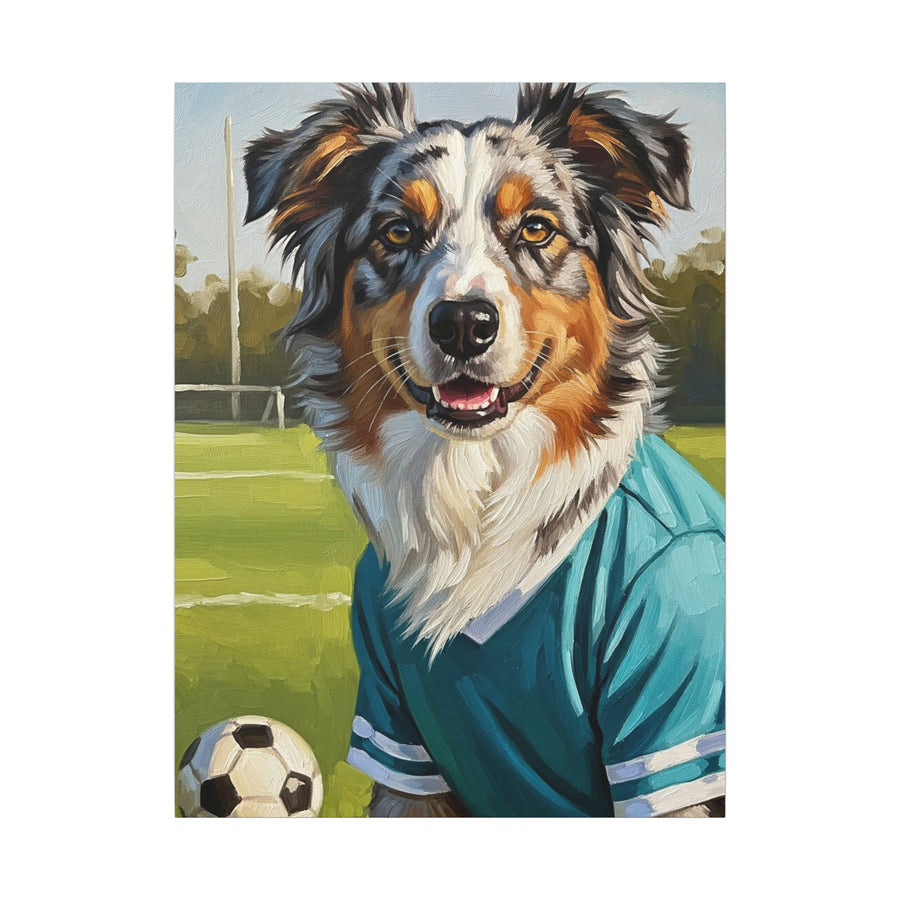 Australian Shepherd Oil Painting Soccer Portrait Canvas Art, Aussie Dog Wall Decor, Pet Lover Gift, Dog Mom Dad Present
