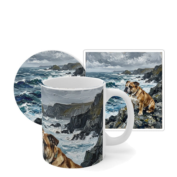 English Bulldog Coastal Cliffside Gift Set | Mug + Coaster + Sticker | Tritan