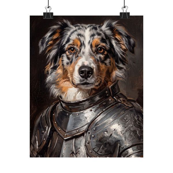 Australian Shepherd Medieval Knight Portrait Matte Poster, Regal Dog Art Print, Australian Shepherd Lover Gift, Wall Art