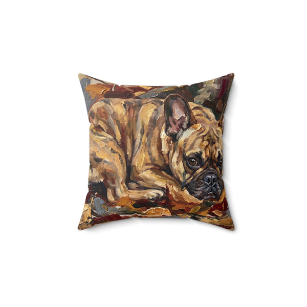 French Bulldog Acrylic Painting Pillow, Autumn Woods Frenchie Dog Art Decor Gift, Spun Polyester Square Cushion