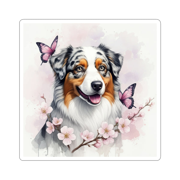 Australian Shepherd Watercolor Butterfly Bloom Kiss-Cut Stickers | Premium Dog Prints | Tritan