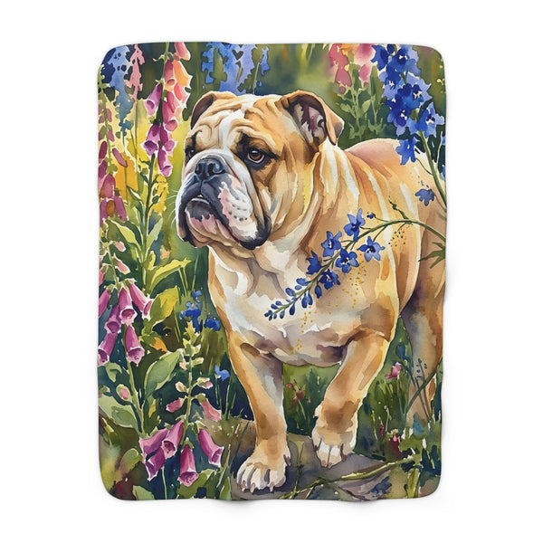 English Bulldog Watercolor Cottage Garden Throw Blanket | Premium Dog Art | Tritan
