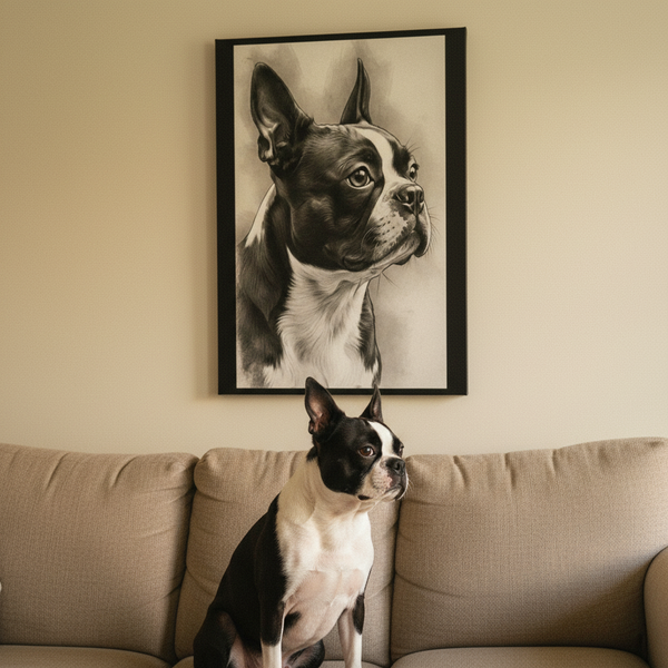 Boston Terrier Charcoal Portrait Canvas Wall Art | Dog Memorial Gift | Pet Lover Home Decor | Black & White Dog Print — Lifestyle View