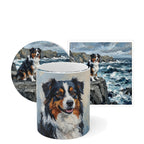Australian Shepherd Coastal Cliffside Gift Set — mug, coaster and sticker gift set with matching dog art