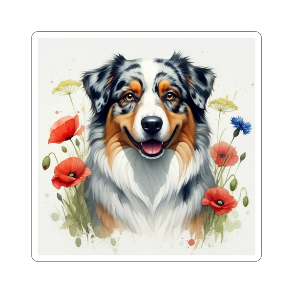 Australian Shepherd Watercolor Wildflower Field Kiss-Cut Stickers | Premium Dog Prints | Tritan
