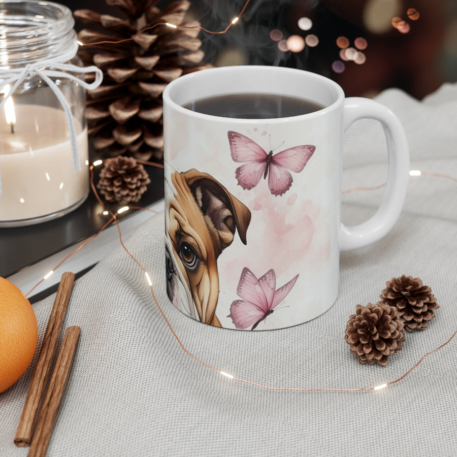 English Bulldog Watercolor Butterfly Bloom Coffee Mug | Premium Dog Prints | Tritan — detail view