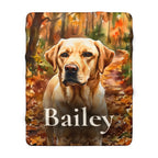 Personalized Labrador Retriever sherpa fleece blanket, watercolor-style portrait with the dog's name across the lower part