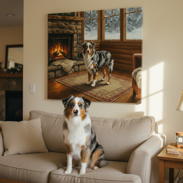 Australian Shepherd Canvas Wall Art Print | Aussie Dog Lover Gift | Dog Art Home Decor | Stretched Acrylic Painting Style — Lifestyle View