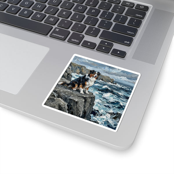 Australian Shepherd Coastal Cliffside Kiss-Cut Stickers | Acrylic Painting Style — Lifestyle View