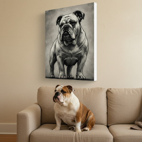 English Bulldog Charcoal Portrait, Bulldog Wall Art, Dog Lover Gift, Pet Art Canvas Print — Lifestyle View