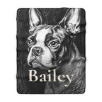 Personalized Boston Terrier sherpa fleece blanket, charcoal-style portrait with the dog's name across the lower part