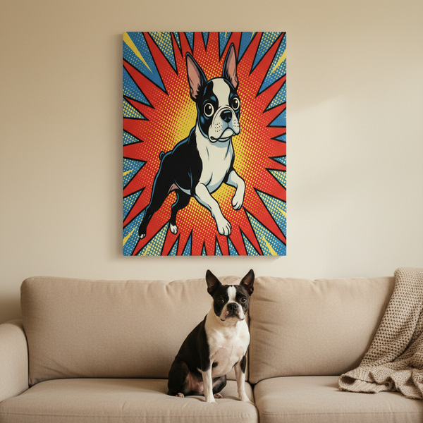 Boston Terrier Comic Art Canvas - Energetic Pop Art Dog Print - Retro Halftone Wall Decor