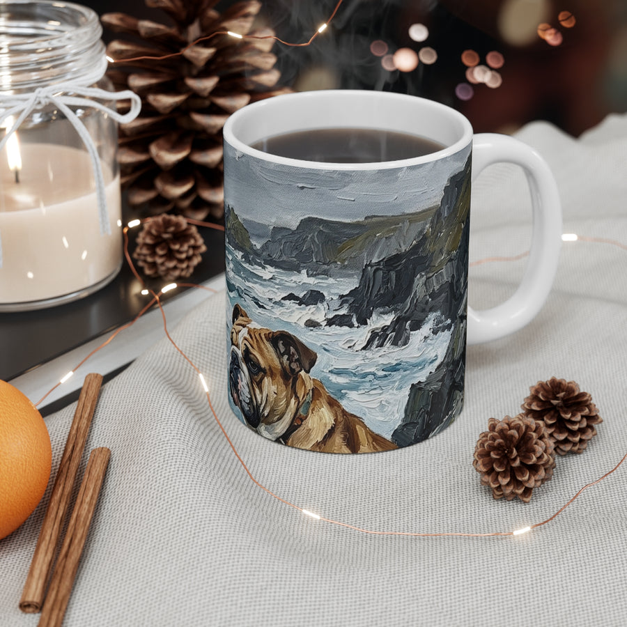 English Bulldog Acrylic Gallery Print Coastal Cliffside Coffee Mug | Premium Dog Prints | Tritan — detail view
