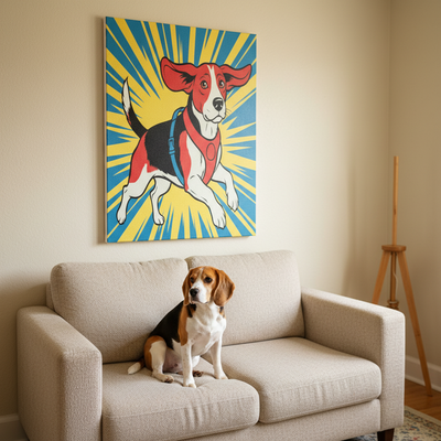 Beagle Comic Pop Art Canvas - Energetic Retro Dog Print with Halftone Shading and Bold Outlines