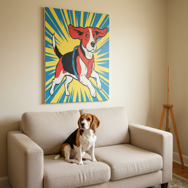Beagle Comic Pop Art Canvas - Energetic Retro Dog Print with Halftone Shading and Bold Outlines