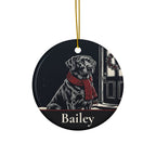 Front of the personalized Labrador Retriever Christmas ornament, ceramic, 2.9 inches, with the sample name Bailey